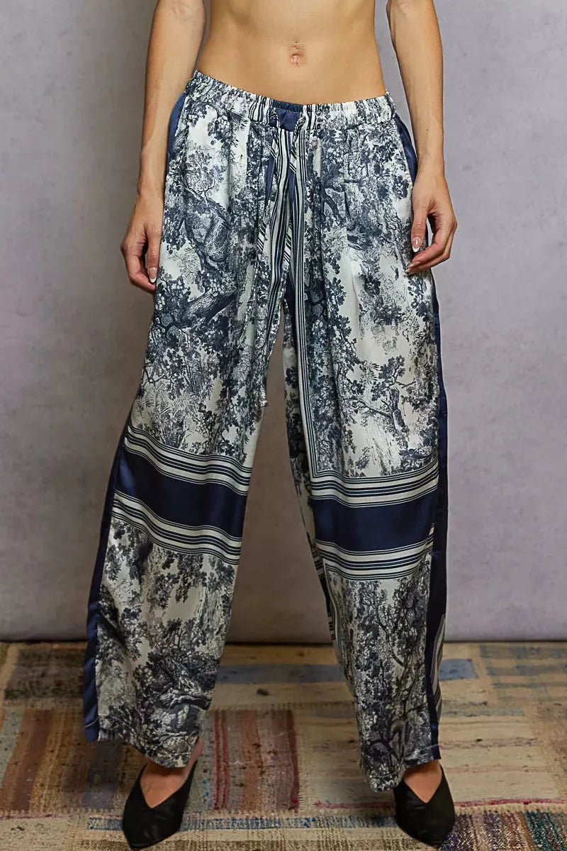 Floral Wide Leg Drawstring Beach Pants in Ivory and Navy women outfit ideas