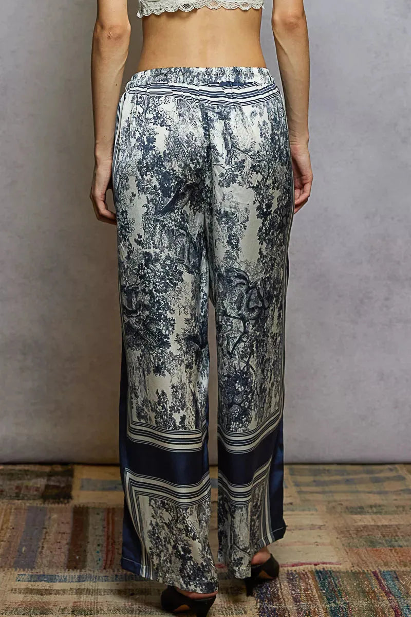 Floral Wide Leg Drawstring Beach Pants in Ivory and Navy women outfit ideas