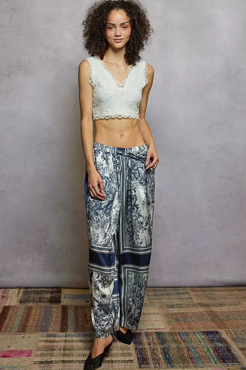 Floral Wide Leg Drawstring Beach Pants in Ivory and Navy women outfit ideas