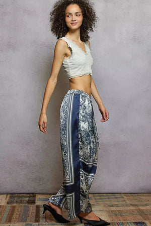 Floral Wide Leg Drawstring Beach Pants in Ivory and Navy women outfit ideas