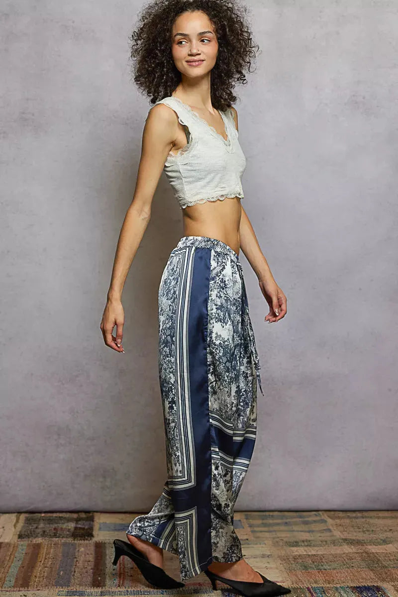 Floral Wide Leg Drawstring Beach Pants in Ivory and Navy women outfit ideas