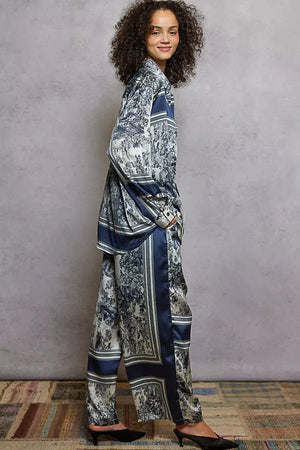 Floral Wide Leg Drawstring Beach Pants in Ivory and Navy women outfit ideas