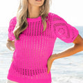 Fuchsia Crochet Puff Sleeve Beach Top women outfit ideas