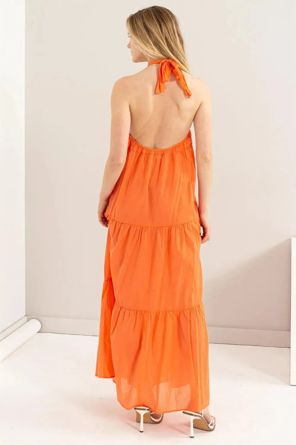 Halter Neck Tiered Beach Maxi Dress in Sunset Orange women outfit ideas