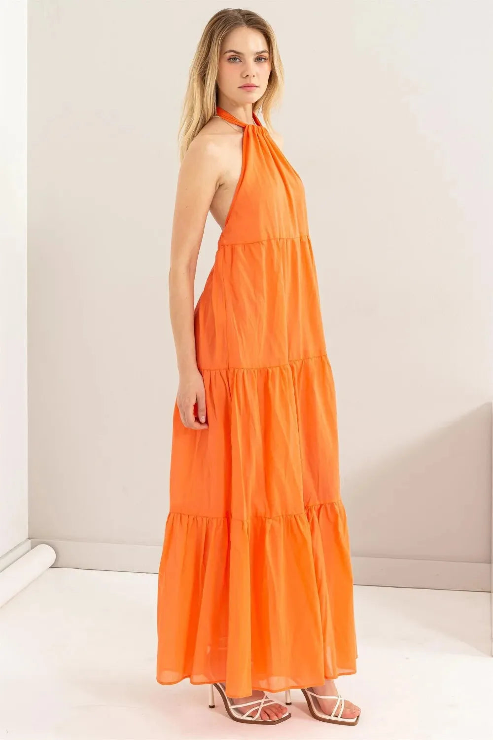 Halter Neck Tiered Beach Maxi Dress in Sunset Orange women outfit ideas