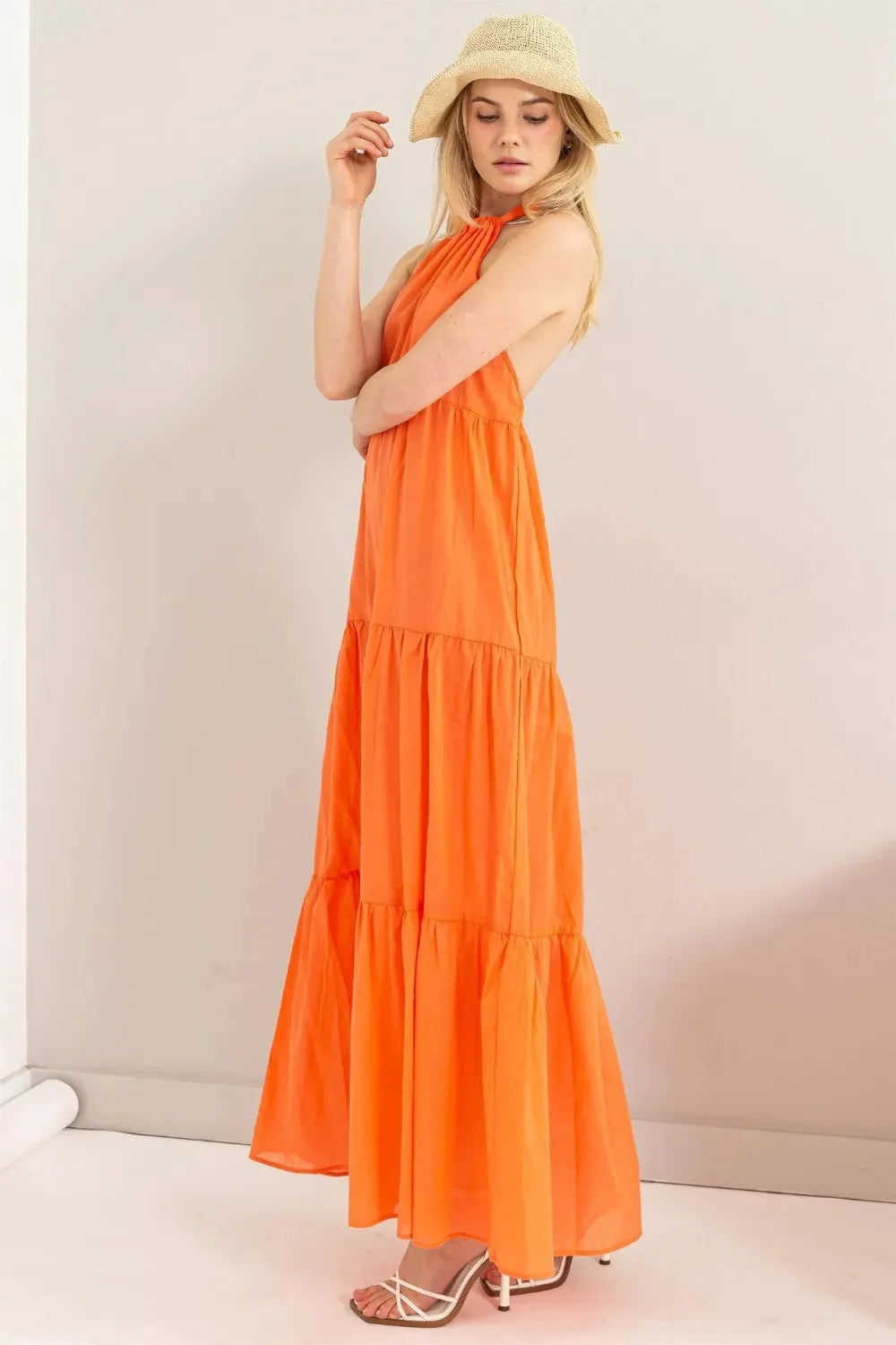 Halter Neck Tiered Beach Maxi Dress in Sunset Orange women outfit ideas