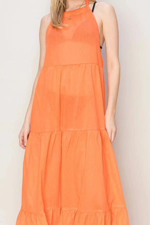 Halter Neck Tiered Beach Maxi Dress in Sunset Orange women outfit ideas