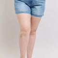 High Rise Denim Beach Shorts in Medium Wash women outfit ideas