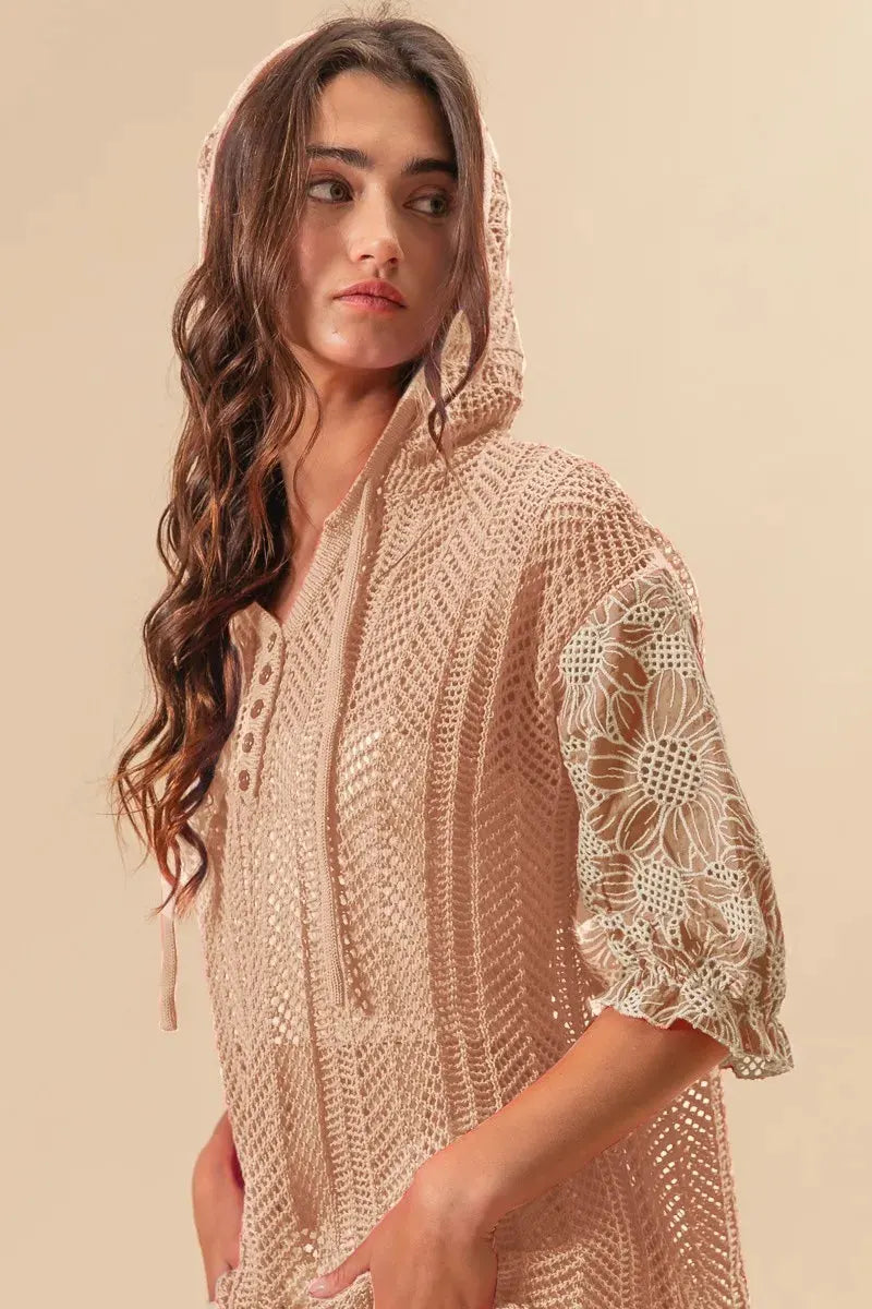 Jacquard Floral Puff Sleeve Beach Hoodie women outfit ideas
