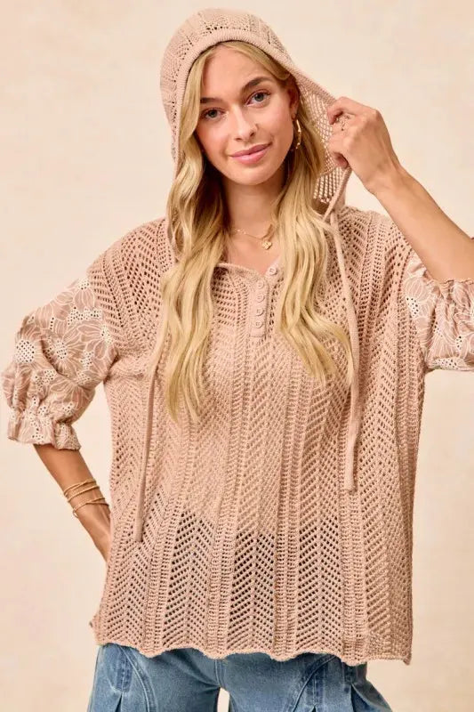 Jacquard Floral Puff Sleeve Beach Hoodie women outfit ideas