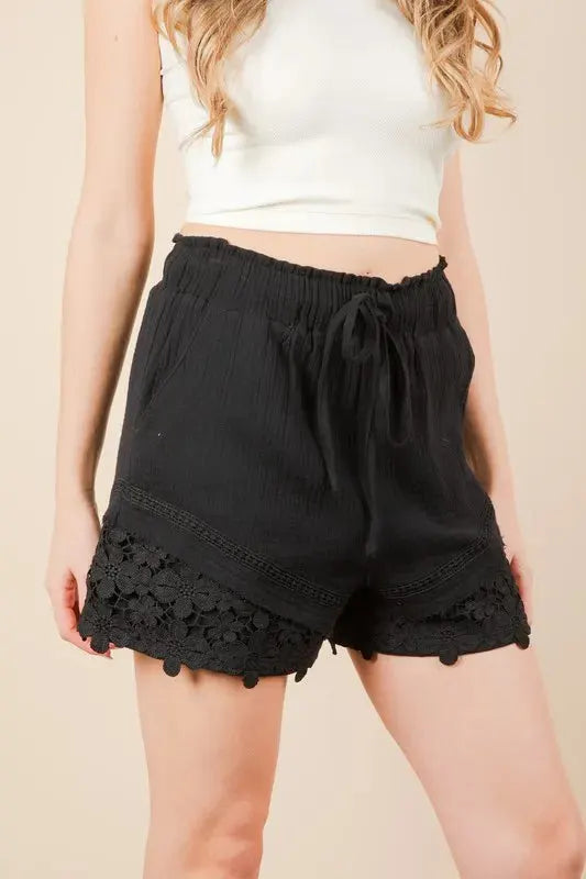 Lace Detail Cotton Beach Shorts in Classic Black women outfit ideas