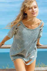 Laser Cut Mineral Wash Beach Top in Denim women outfit ideas