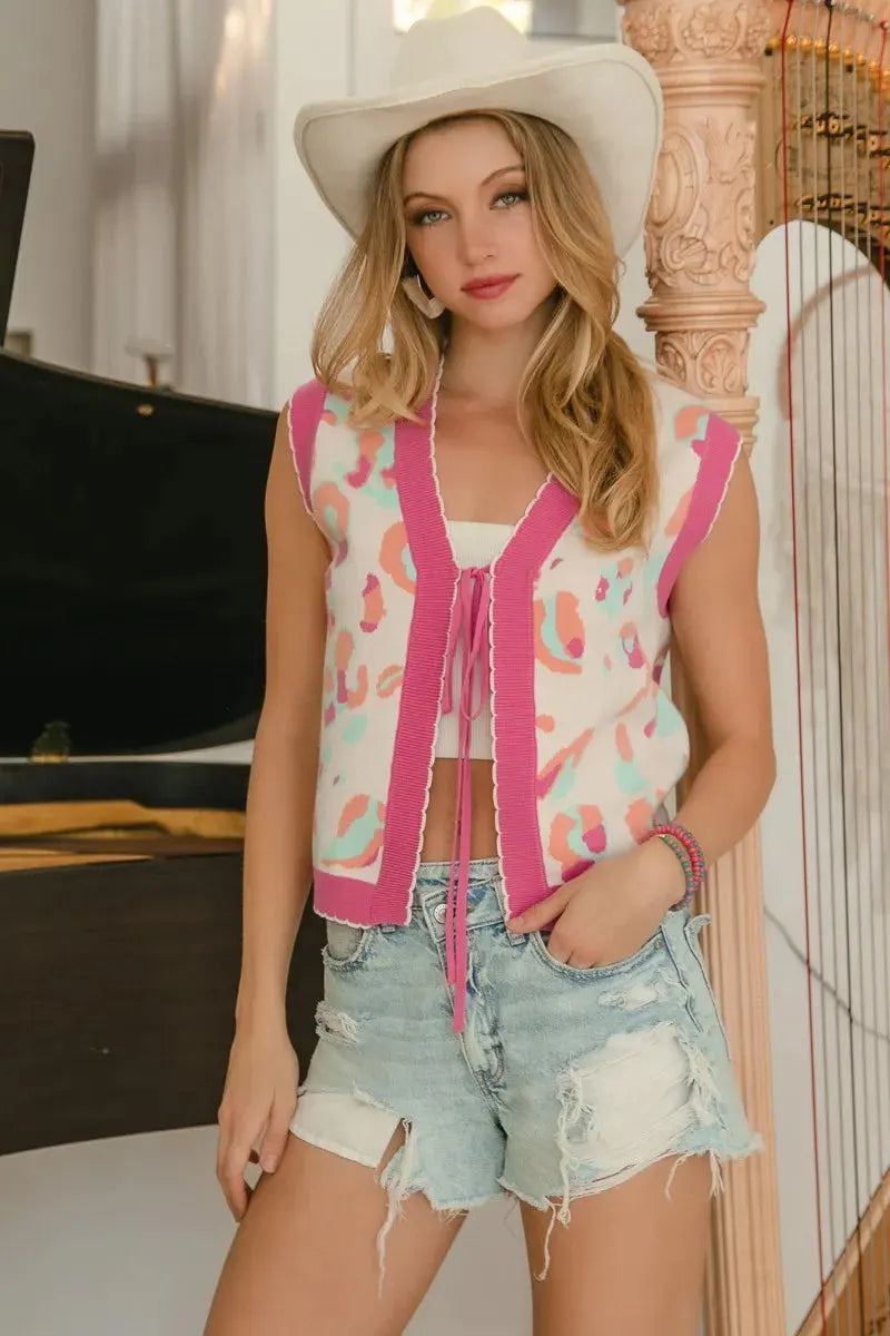 Leopard Print Beach Sweater Vest in Ivory & Pink women outfit ideas