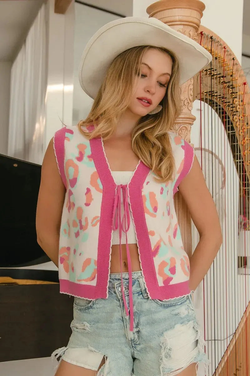 Leopard Print Beach Sweater Vest in Ivory & Pink women outfit ideas