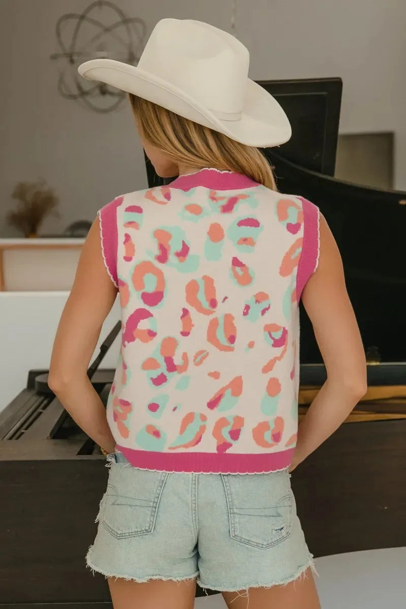 Leopard Print Beach Sweater Vest in Ivory & Pink women outfit ideas