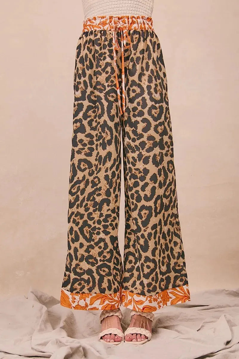 Leopard Print Palazzo Beach Pants with Rust Trim women outfit ideas