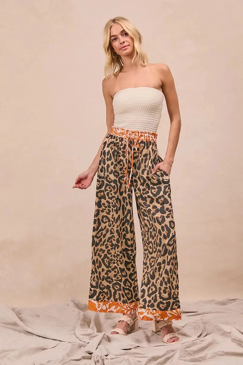 Leopard Print Palazzo Beach Pants with Rust Trim women outfit ideas
