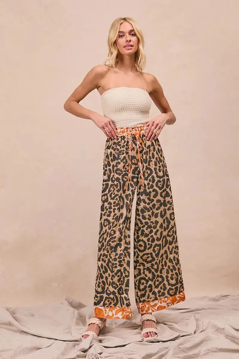 Leopard Print Palazzo Beach Pants with Rust Trim women outfit ideas