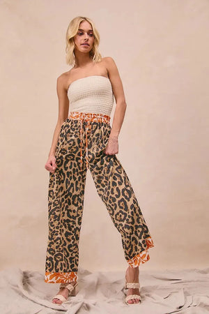 Leopard Print Palazzo Beach Pants with Rust Trim women outfit ideas