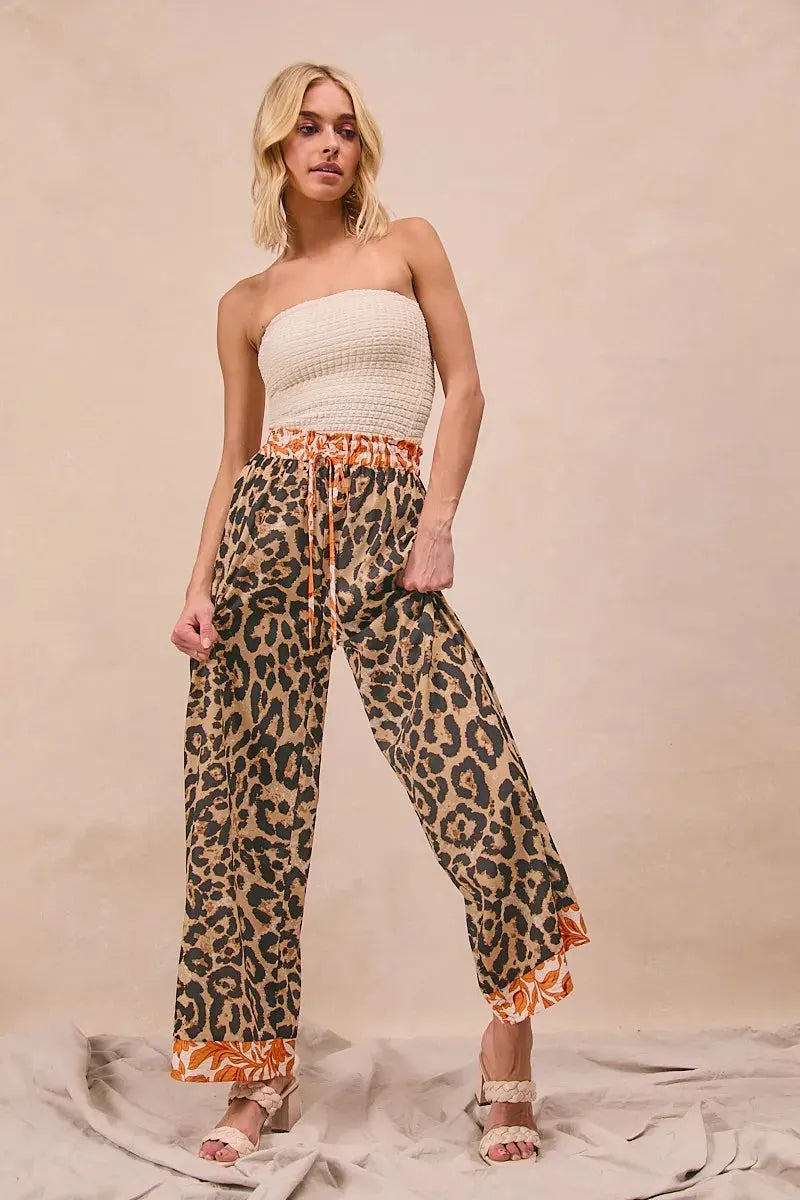 Leopard Print Palazzo Beach Pants with Rust Trim women outfit ideas