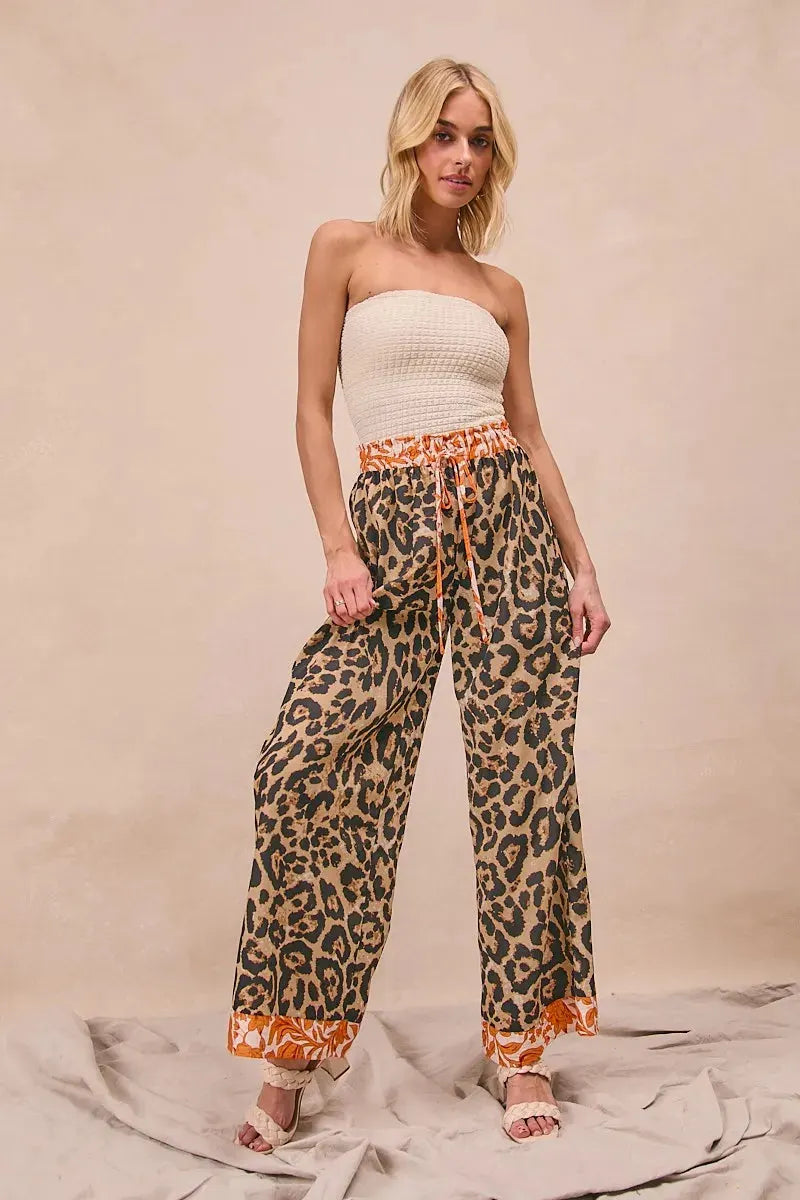 Leopard Print Palazzo Beach Pants with Rust Trim women outfit ideas