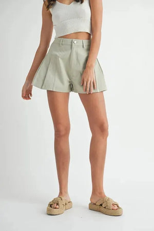 Mabel High-Waist Pleated Beach Shorts in Soft Sage women outfit ideas