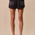 Mineral Wash Terry Cargo Beach Shorts in Charcoal Black women outfit ideas