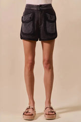 Mineral Wash Terry Cargo Beach Shorts in Charcoal Black women outfit ideas