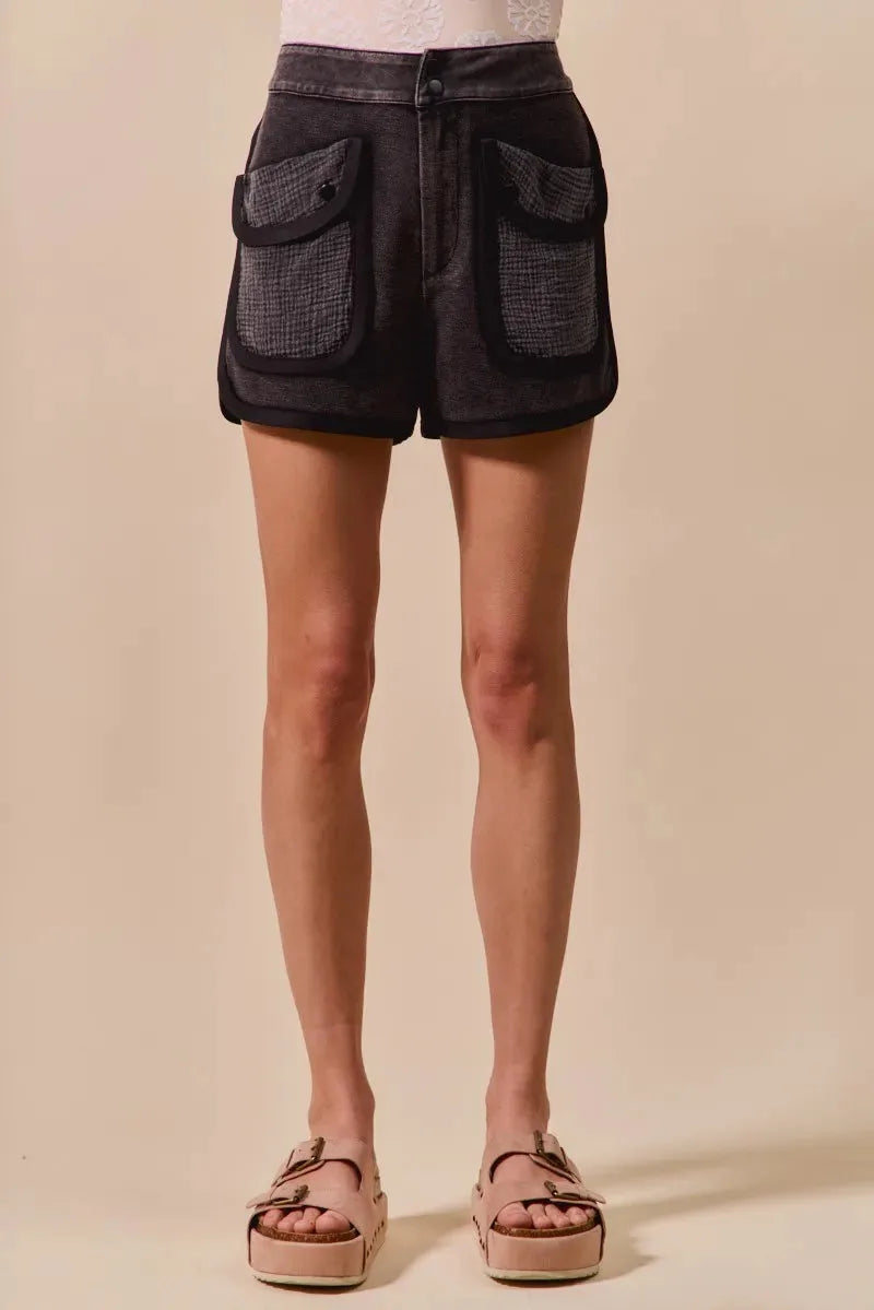 Mineral Wash Terry Cargo Beach Shorts in Charcoal Black women outfit ideas