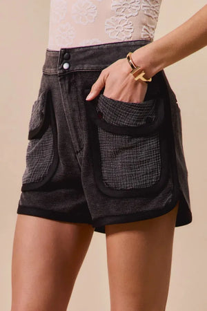 Mineral Wash Terry Cargo Beach Shorts in Charcoal Black women outfit ideas