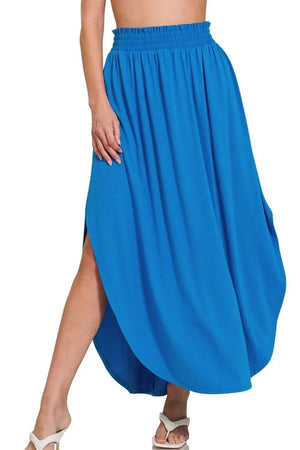 Ocean Blue Smocked Beach Maxi Skirt with Pockets women outfit ideas
