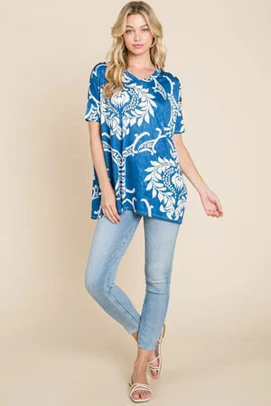 Ocean Breeze Blue Printed Relaxed V-Neck Beach Tunic women outfit ideas