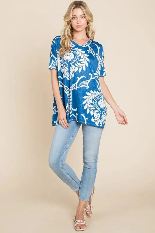 Ocean Breeze Blue Printed Relaxed V-Neck Beach Tunic women outfit ideas
