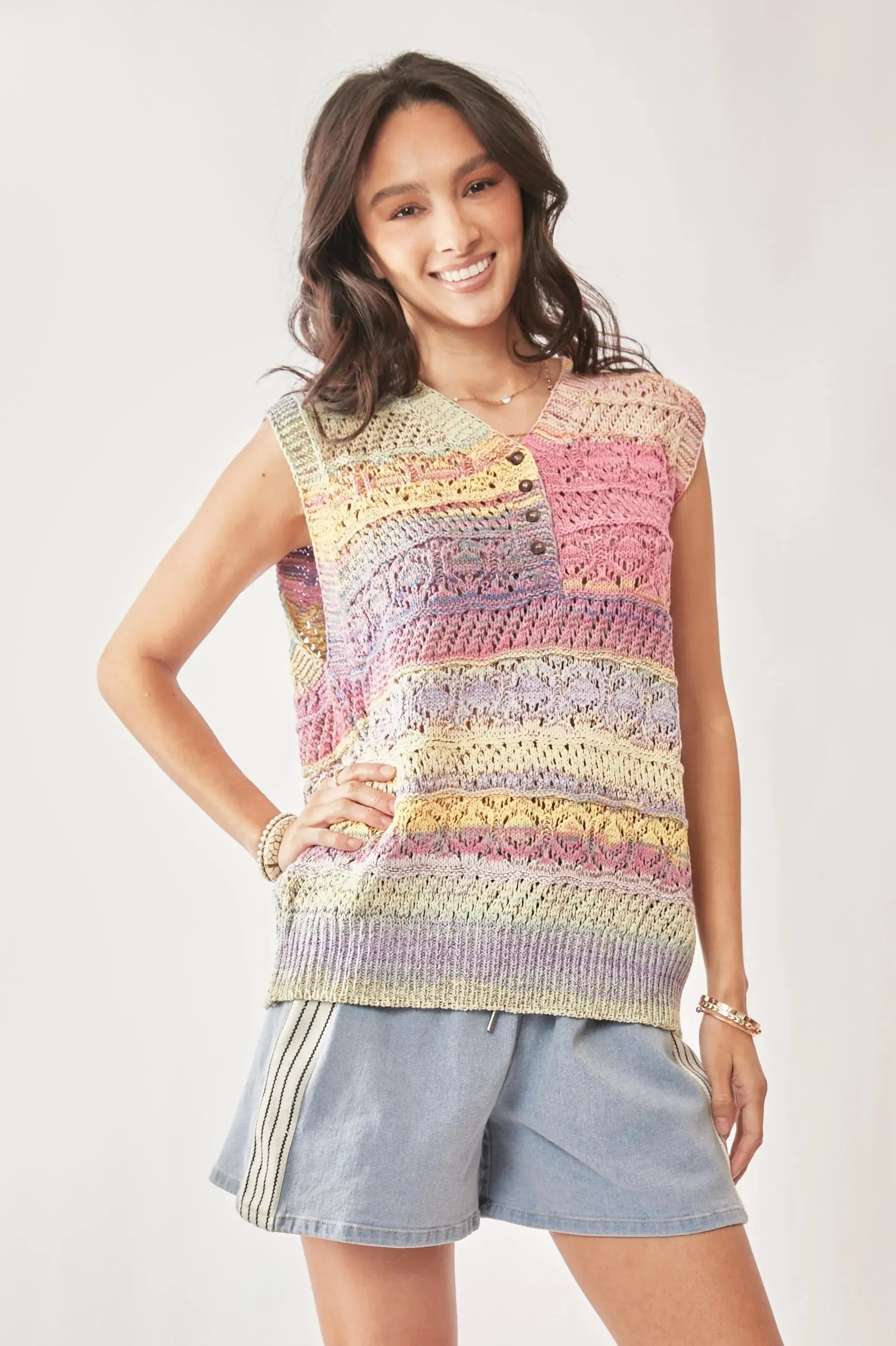 Pastel Stripe Crochet Sleeveless Beach Vest Top women outfit ideas
