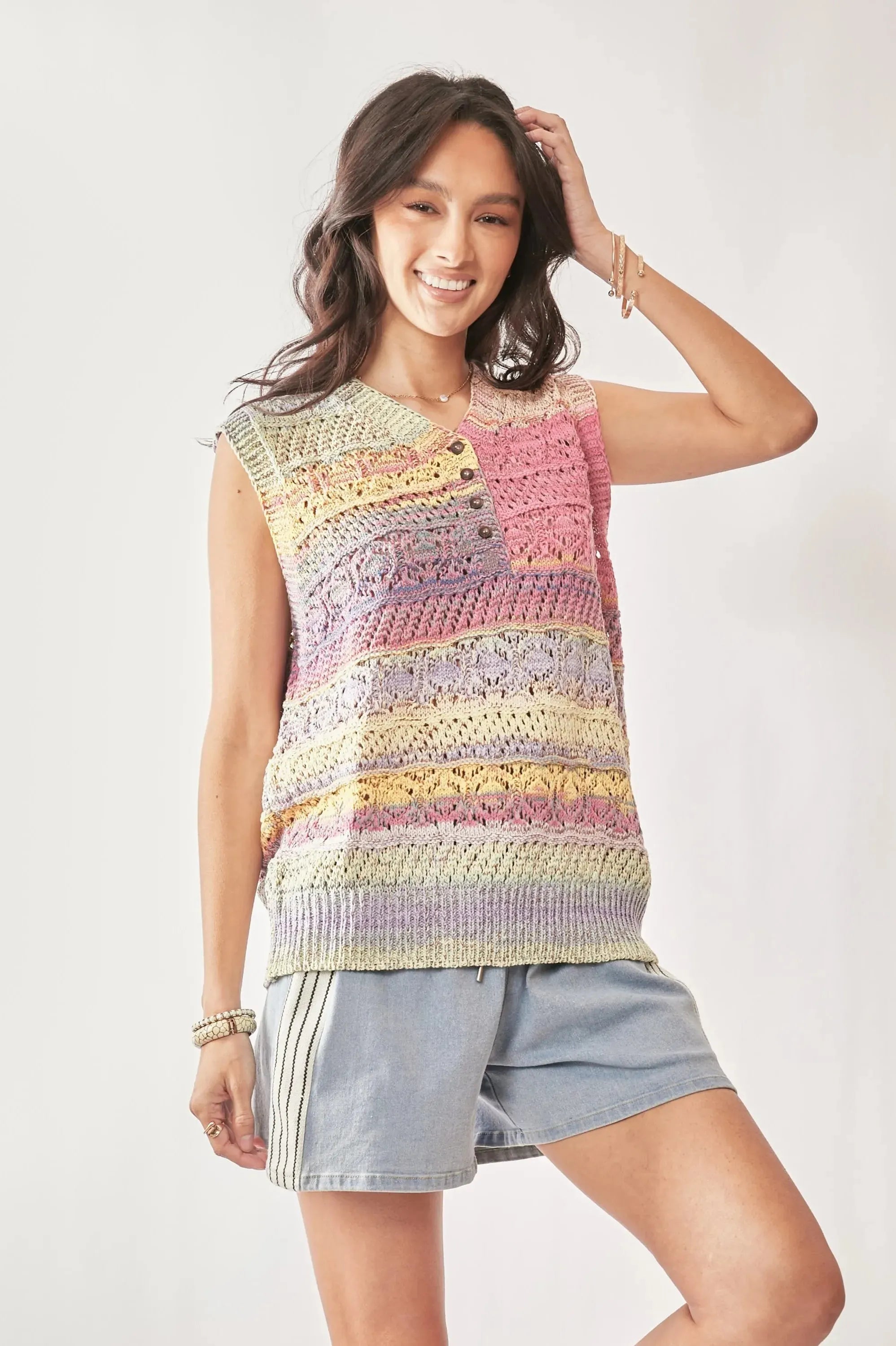 Pastel Stripe Crochet Sleeveless Beach Vest Top women outfit ideas