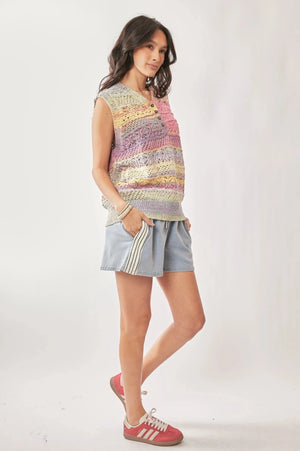 Pastel Stripe Crochet Sleeveless Beach Vest Top women outfit ideas