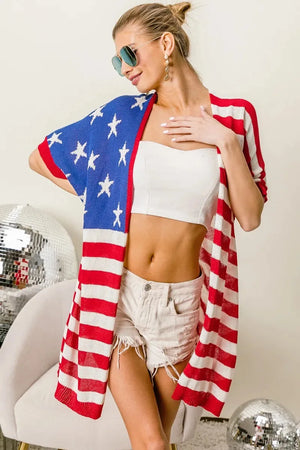 Patriotic Knit Beach Cardigan in Vivid Navy & Red women outfit ideas