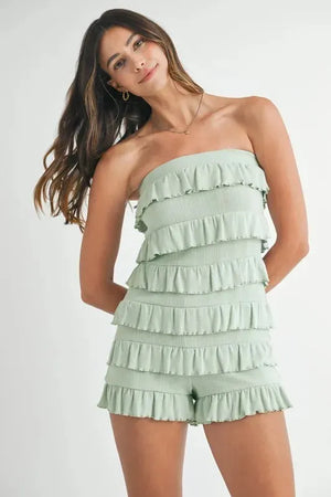 Pointelle Knit Ruffled Beach Romper in Light Sage women outfit ideas
