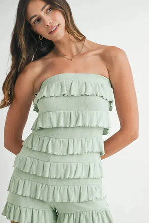 Pointelle Knit Ruffled Beach Romper in Light Sage women outfit ideas