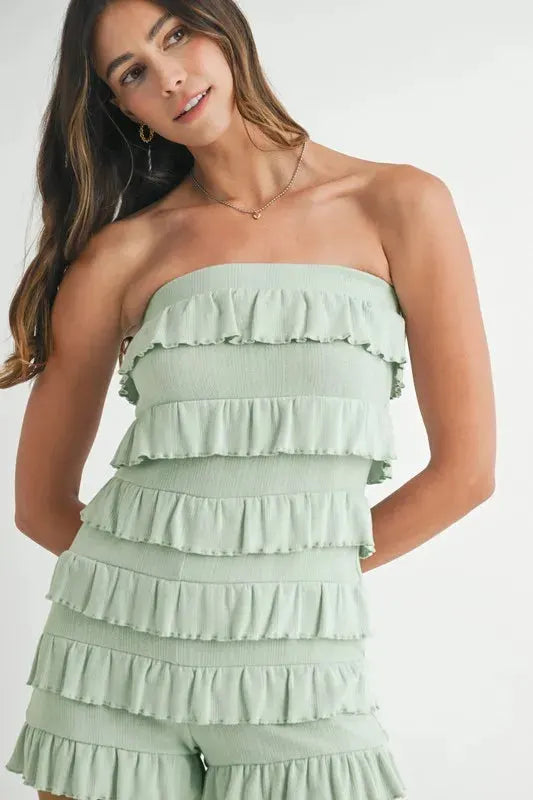 Pointelle Knit Ruffled Beach Romper in Light Sage women outfit ideas
