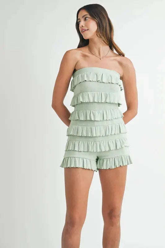 Pointelle Knit Ruffled Beach Romper in Light Sage women outfit ideas