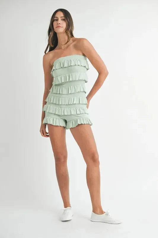 Pointelle Knit Ruffled Beach Romper in Light Sage women outfit ideas