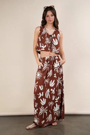 Printed Drawstring Midi Beach Skirt in Chocolate women outfit ideas