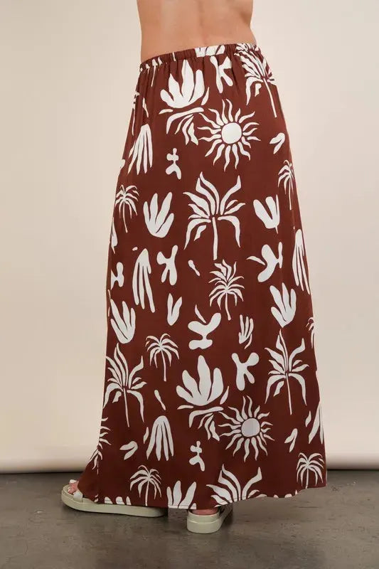 Printed Drawstring Midi Beach Skirt in Chocolate women outfit ideas