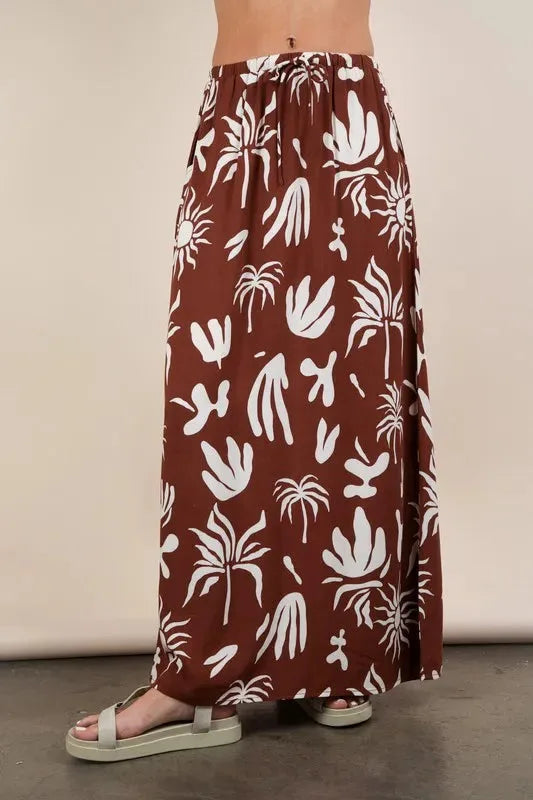 Printed Drawstring Midi Beach Skirt in Chocolate women outfit ideas