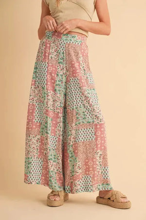 Printed Wide Leg Rayon Beach Pants in Mint & Pink women outfit ideas