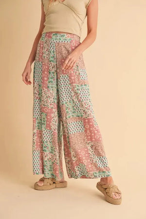 Printed Wide Leg Rayon Beach Pants in Mint & Pink women outfit ideas