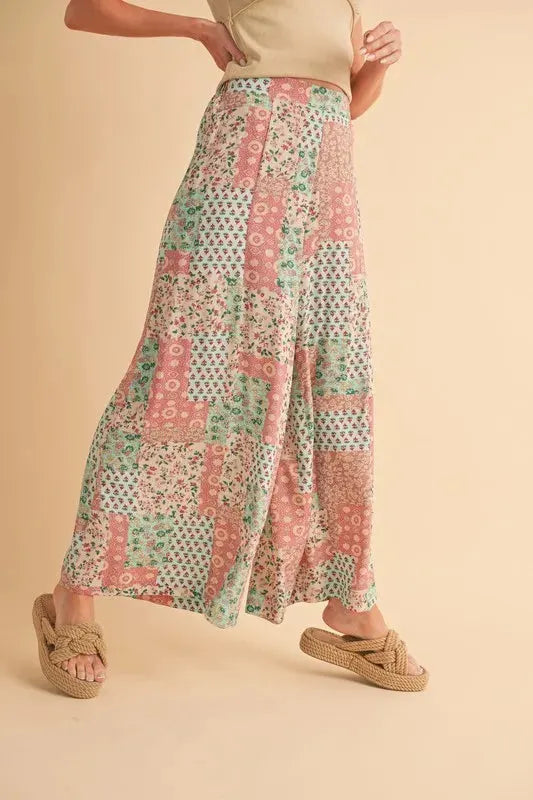 Printed Wide Leg Rayon Beach Pants in Mint & Pink women outfit ideas