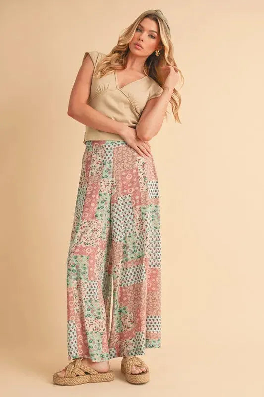 Printed Wide Leg Rayon Beach Pants in Mint & Pink women outfit ideas