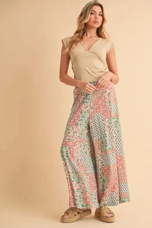 Printed Wide Leg Rayon Beach Pants in Mint & Pink women outfit ideas